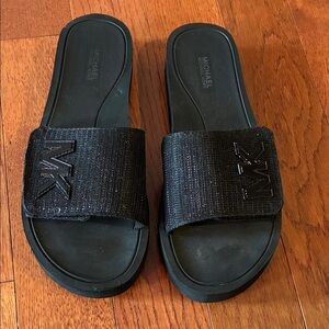 Michael Kors Black Glitter Palmer MK Logo Platform Slide shoe Sandals 8M